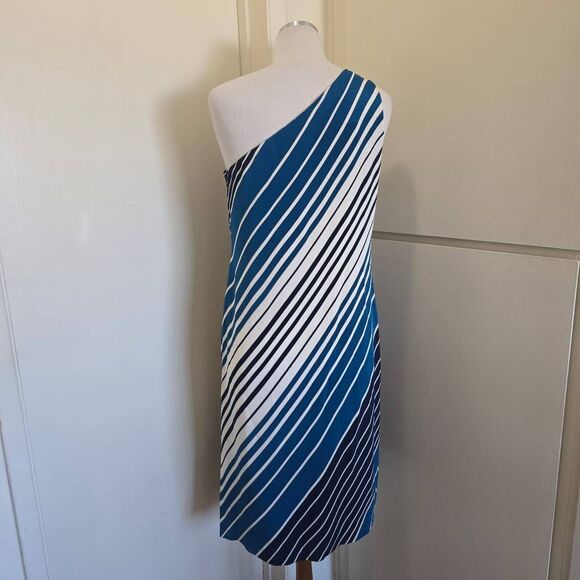 Jones New York Diagonal Stripe Silk 1 Shoulder Dress, Ivory/Blue, NWOT,S.10 - Picture 3 of 8